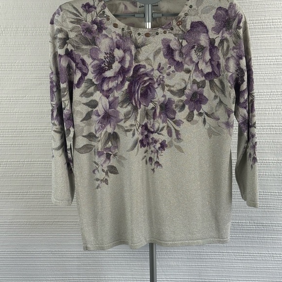 Women’s Floral Glitter Knit Top with Embellished Neckline - Purple/Gray - Picture 11 of 16